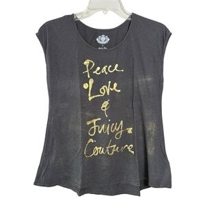 Peace Love & Juicy Couture 2010s Vintage Shirt Size Small Grey Gold Metallic